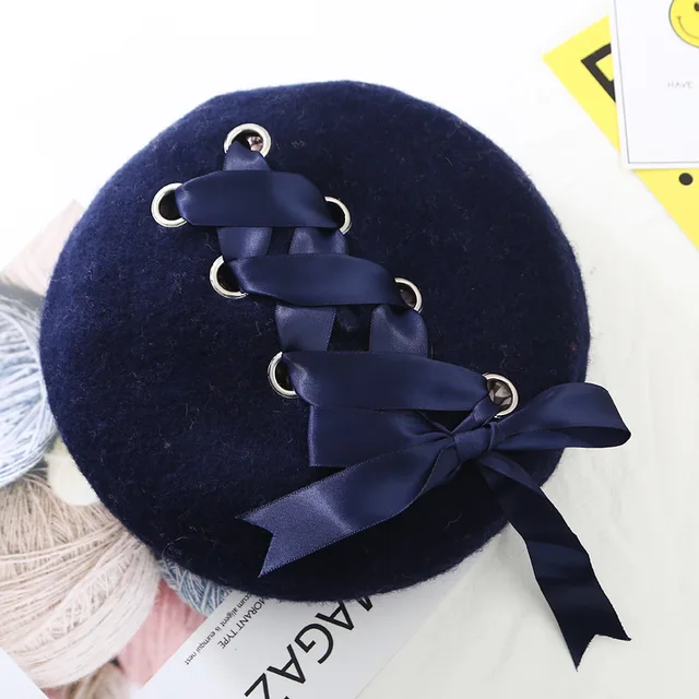 VISROVER New Sweet Cute Berets Women Winter Hats Soft Macaron color Ribbon Woolen Lolita Beret classical Soft Straps Cross Bow navy