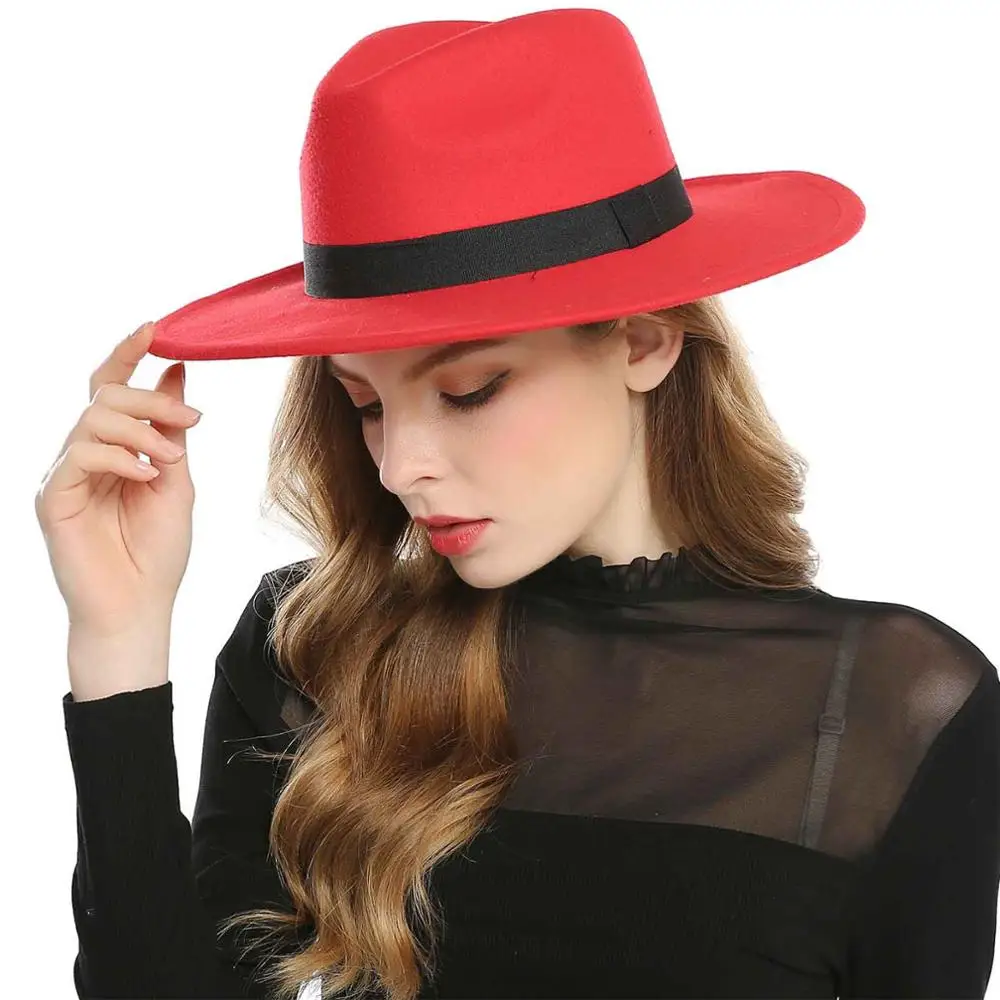 WELROG, черные, красные фетровые шляпы для женщин, имитация шерсти, фетровые шляпы, Панама, фетровая шляпа, зимние мужские джазовые шляпы, Trilby Chapeau Femme Caps - Цвет: Красный