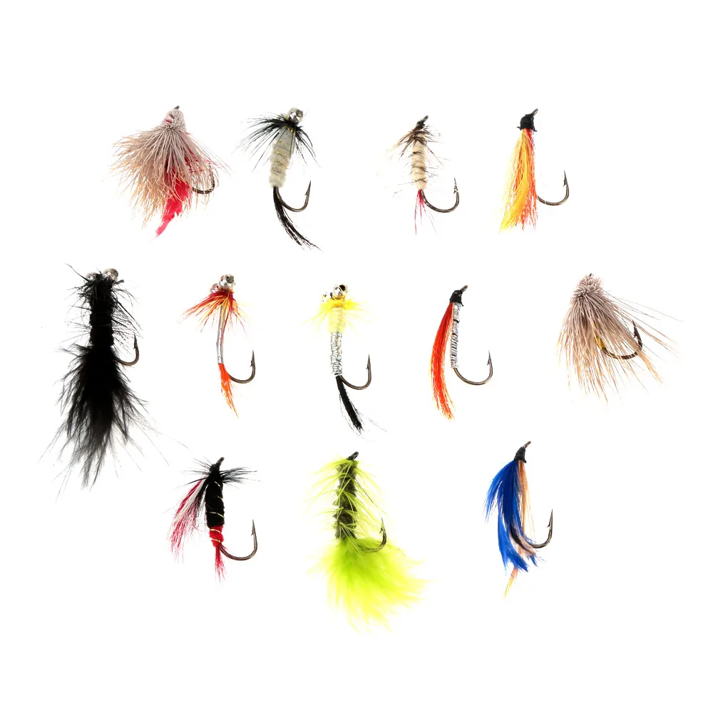 12Pcs/Lot Mixed Color Fly Fishing Hooks Fishing Hooks Feather Single