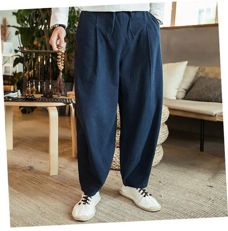 Высокие уличные мужские длинные брюки хлопковые льняные свободные шаровары мужские однотонные винтажные широкие брюки для бега Большие