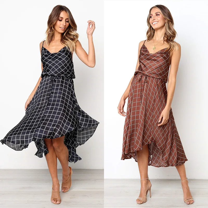 

Lace Up Plaid Sexy Spaghetti Strap Irregular Dress Summer Women 2019 Sundress Midi Party Dresses Vestidos
