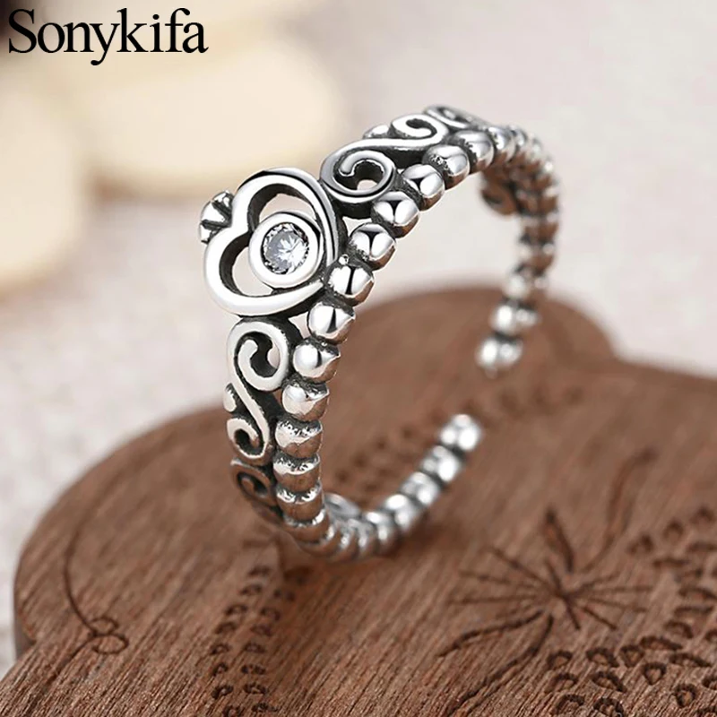 

Sonykifa Noble Silver Color My Princess Queen Crown Engagement Pandoro Ring with Clear CZ Women Jewelry Gift Dropshipping