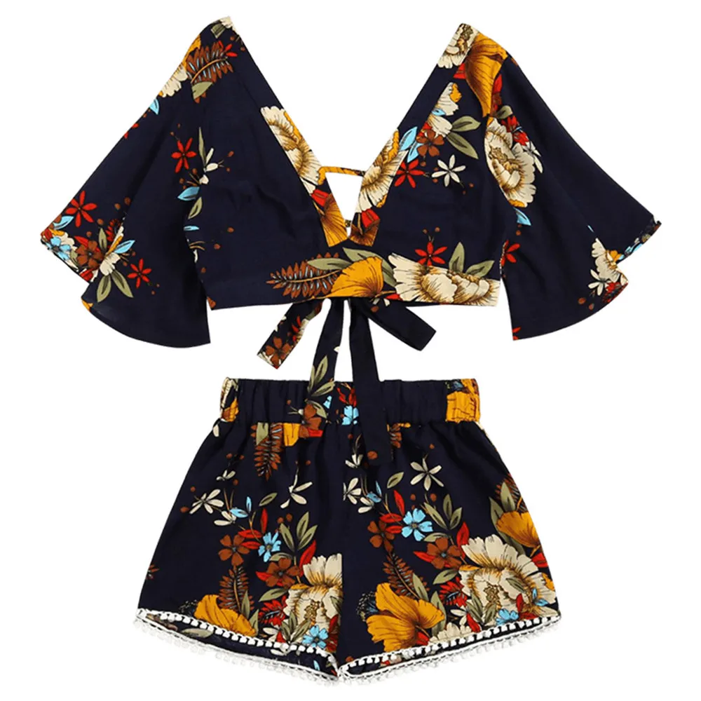 

two piece set Women Summer floral print Casual Linen V-neck short sleeve top shorts two piece set boho outfit beach Dress