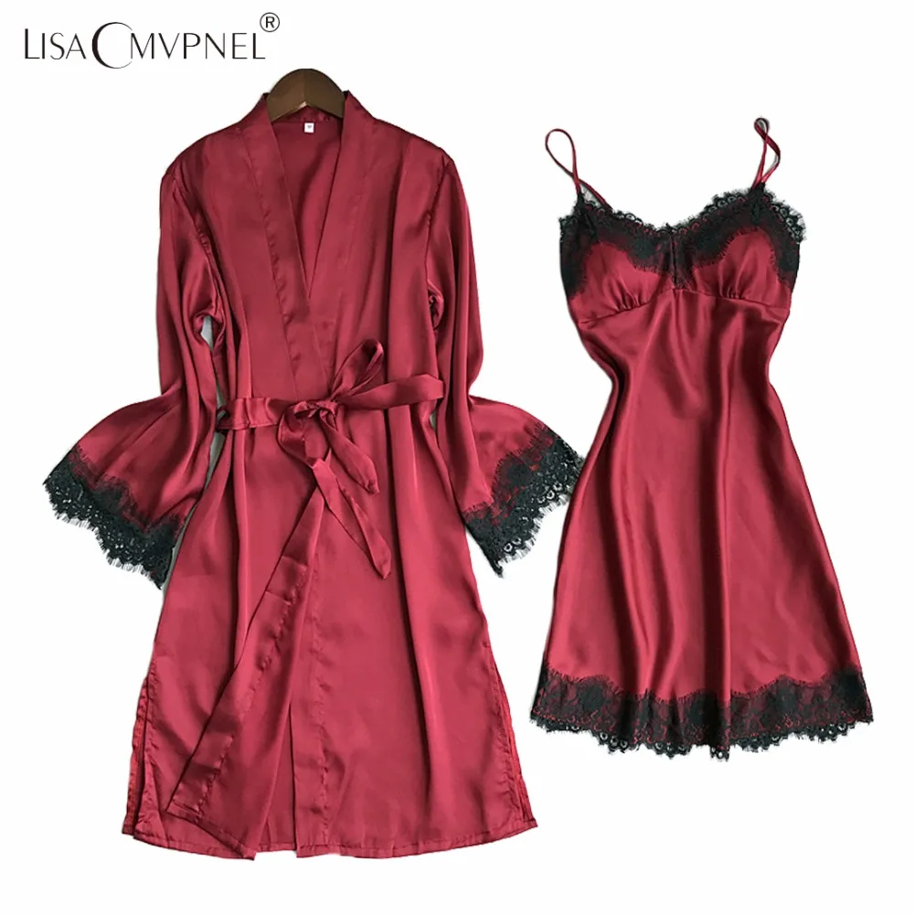 

Lisacmvpnel Sexy Ice Silk Women Robe Sets Spaghetti Strap Nightdress+Robe Women Bathrobe Elegant Women Sleepwear