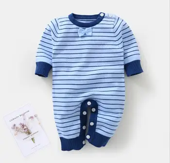 

1PC Baby Girl Stripe Bodysuit Long Sleeve Comfortable Baby Boy Bowknot Outfit Jumpsuit Infant Sweater Knitted Cotton Clothes