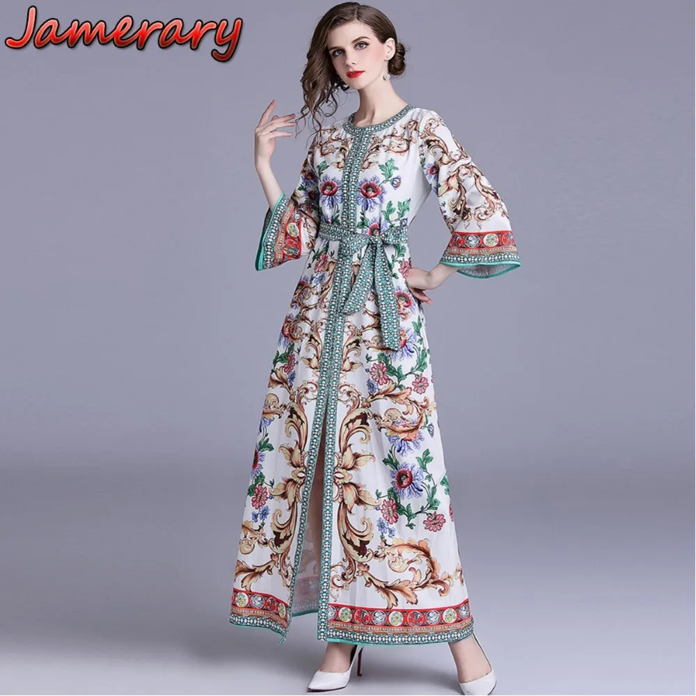 

Plus Size Runway Dress Designer Vestido Verano 2018 Mujer Autumn Porcelain Long Dresses Shirt Floral Maxi Dress Large Sizes Boho