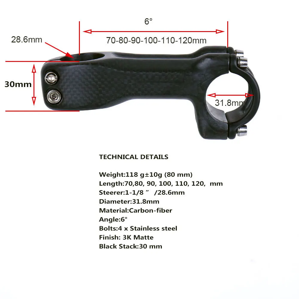 Углеродные велосипедные принадлежности кронштейн руля велосипеда Углеродные велосипедные кронштейны дорожный/MTB Стенд 6 градусов 70/80/90/100/110/120 мм 3 K матовый