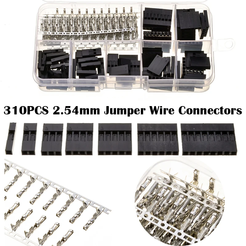 

YT 310Pcs/Box 2.54mm 1/2/3/4/5/6/8 Pin Header Dupont Jumper Cable Wire Connectors Housing Male Female Crimp Pin Connectors
