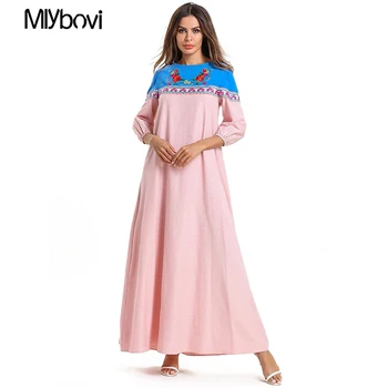 

2019 Women Pink Plaid Muslim Dress Female Dubai Abaya Muslim Dress Embroidery Kaftan Abaya Long Elegant Party Dresses Robe