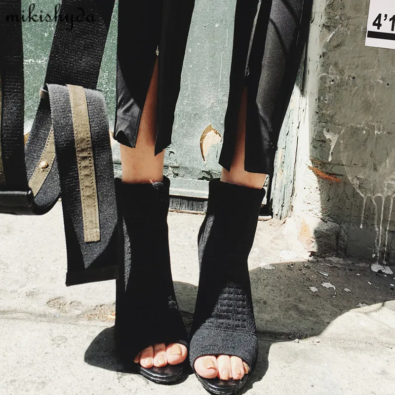 

Luxury Design Knitted Peep Toe Boots Summer Sock Ankle Women Elastic Stretch Botas High Heels Pumps Ladies Dress Bota Feminina