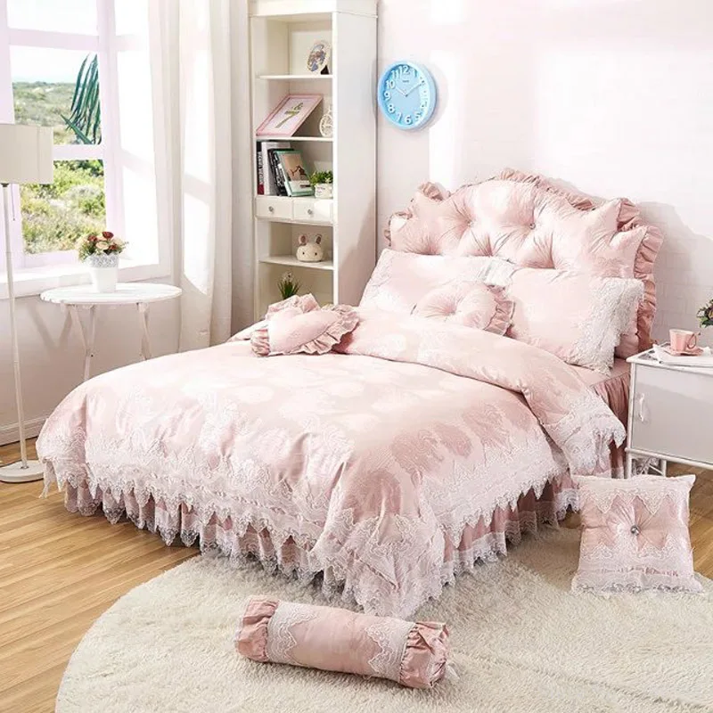 Белый/розовый сладкий принцесса сатин хлопок домашний постельный комплект 4 шт. Кружева оборками пододеяльник покрывало кровать юбка постельное белье Король Королева