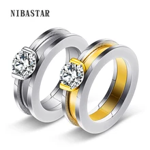 Gold Color Stainless Steel Wedding Rings Made With Austrian Crystal Stellux Cubic Zirconia