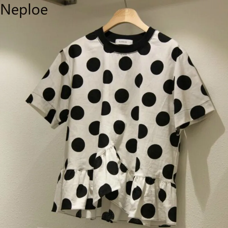 

Neploe Newest Ruffle T Shirt Female Polka Dot Fashion Women Tshirt Loose Short Sleeve Cotton T-Shirt Ladies Tops Shirts 39408