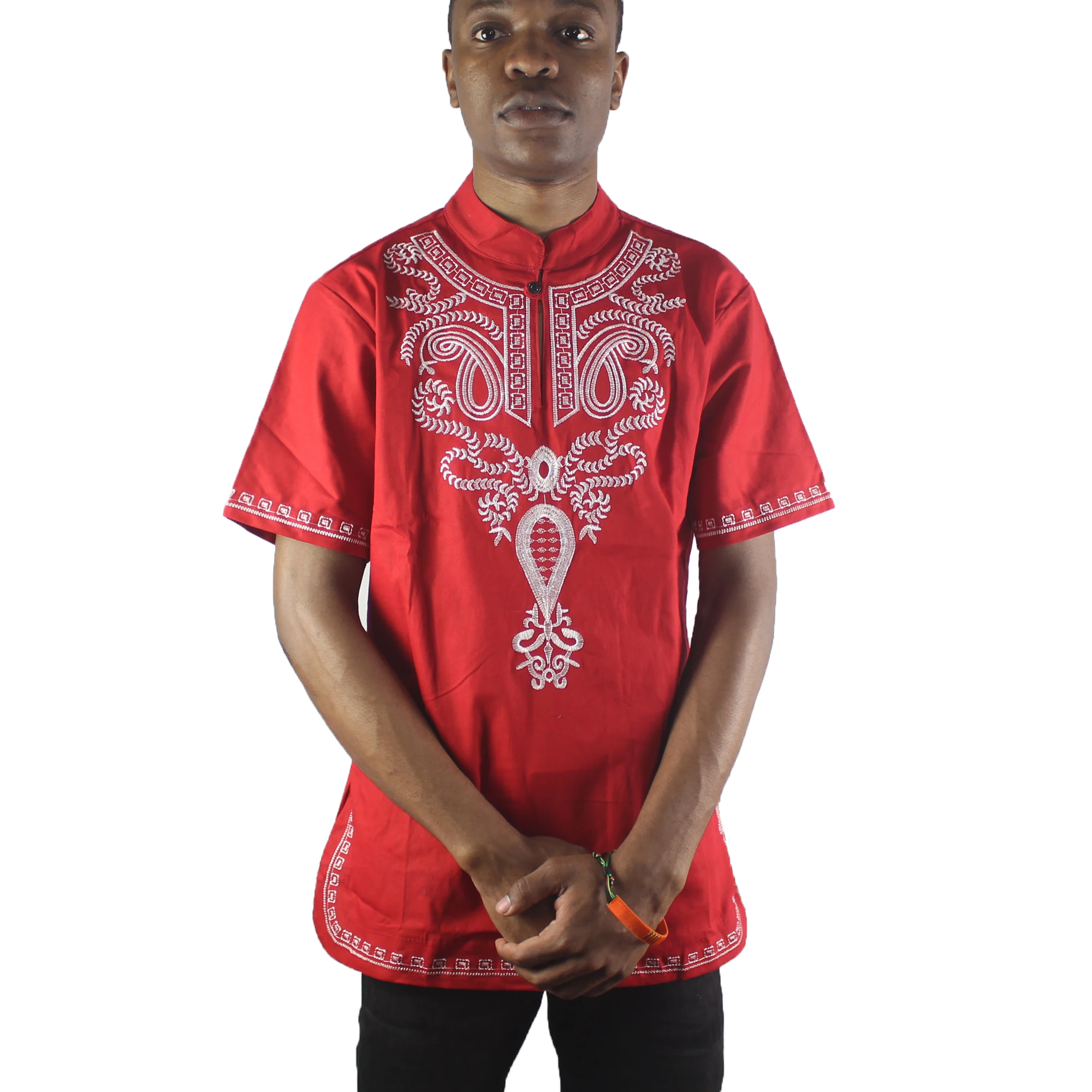 

Africa Red Lucky Pattern Embroidery Men`s Dashiki Tops Mandarin Collar Side Slit Ethnic Shirts for Wedding Wear