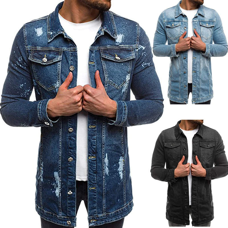 2018 New Autumn Winter denim jacket Medium and long section men fashion Slim Casual streetwear jeans jacket cotton men coat bule