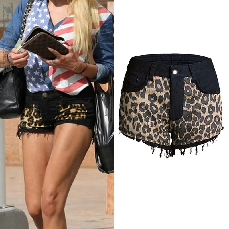 

2018 women clothing leopard print splice Mid waist slim washed cotton denim shorts Female fashion sexy plus-size short jeans 039