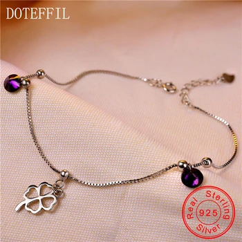 

Anklets 925 Sterling Silver Woman Heart Anklets AAA Purple Zircon Clover Pendant Foot Anklet 24cm Long Chain