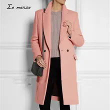 Женские пальто, зимнее шерстяное длинное пальто, теплое винтажное модное корейское женское розовое пальто