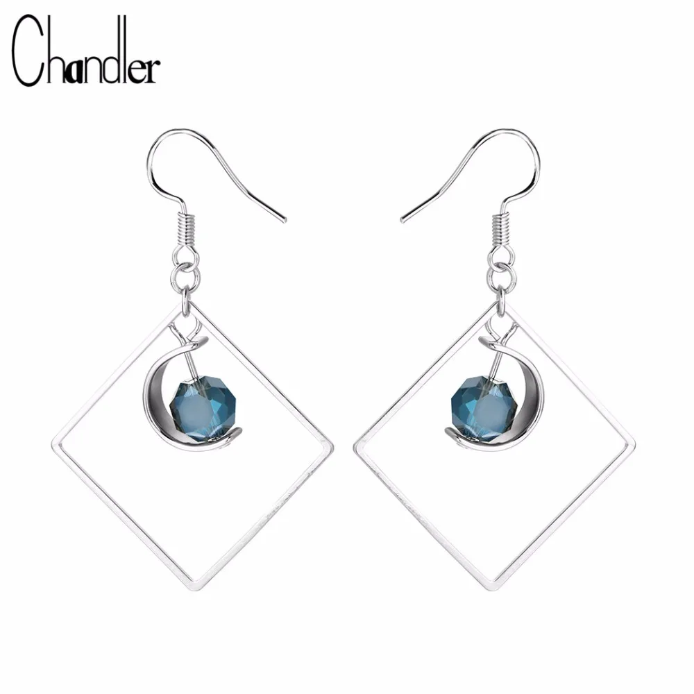 Chandler Korea 925 Silver Square Blue Cut Crystal Dangle Earring Carter Moon Drop For Women Bohemia Muti Layers Boucle d