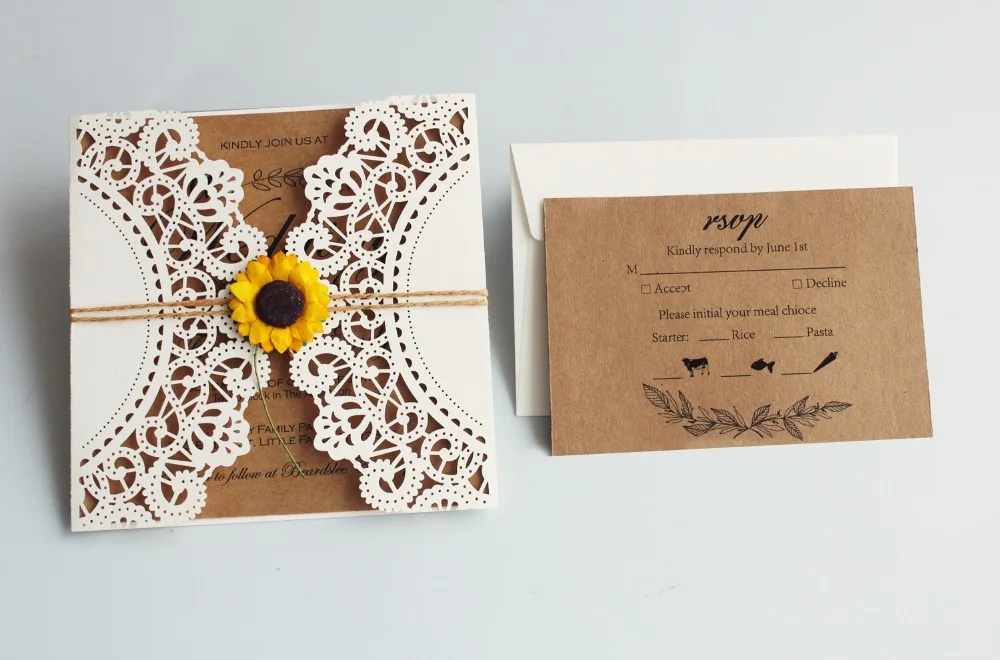 Лазерная резка, для свадьбы приглашения цвета слоновой кости свадебные приглашения Подсолнух пригласительные карты с конвертом-набор из 50 шт
