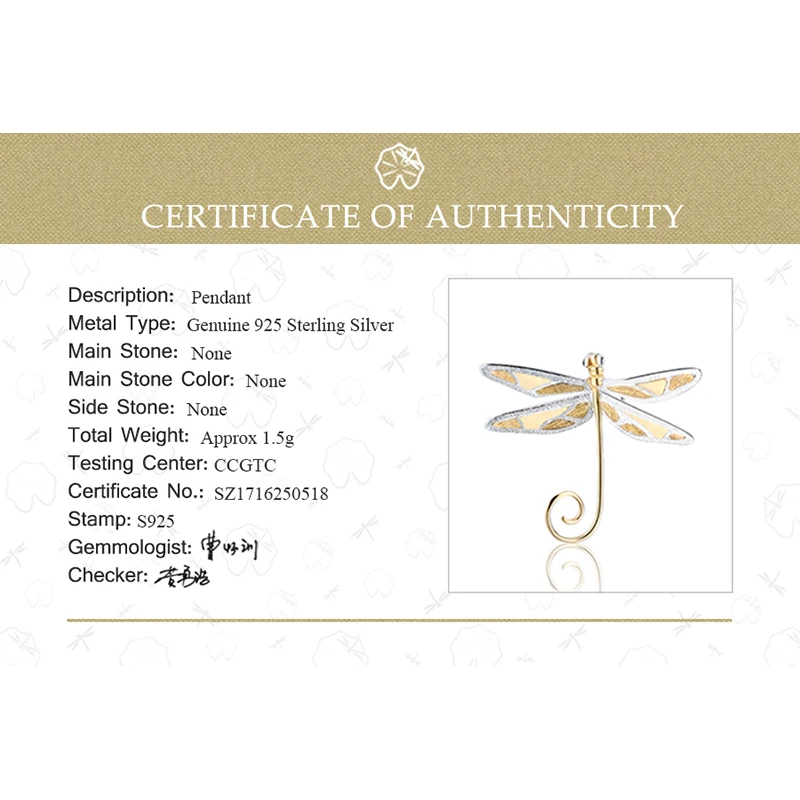 Lotus Fun Real 925 Sterling Silver Natural Handmade Fine Jewelry 18K Gold Cute Dragonfly Pendant for Women Gift