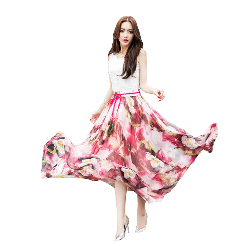 New Quality Fancy Flower Print Long Skirt Feather Sash Women Elastic
