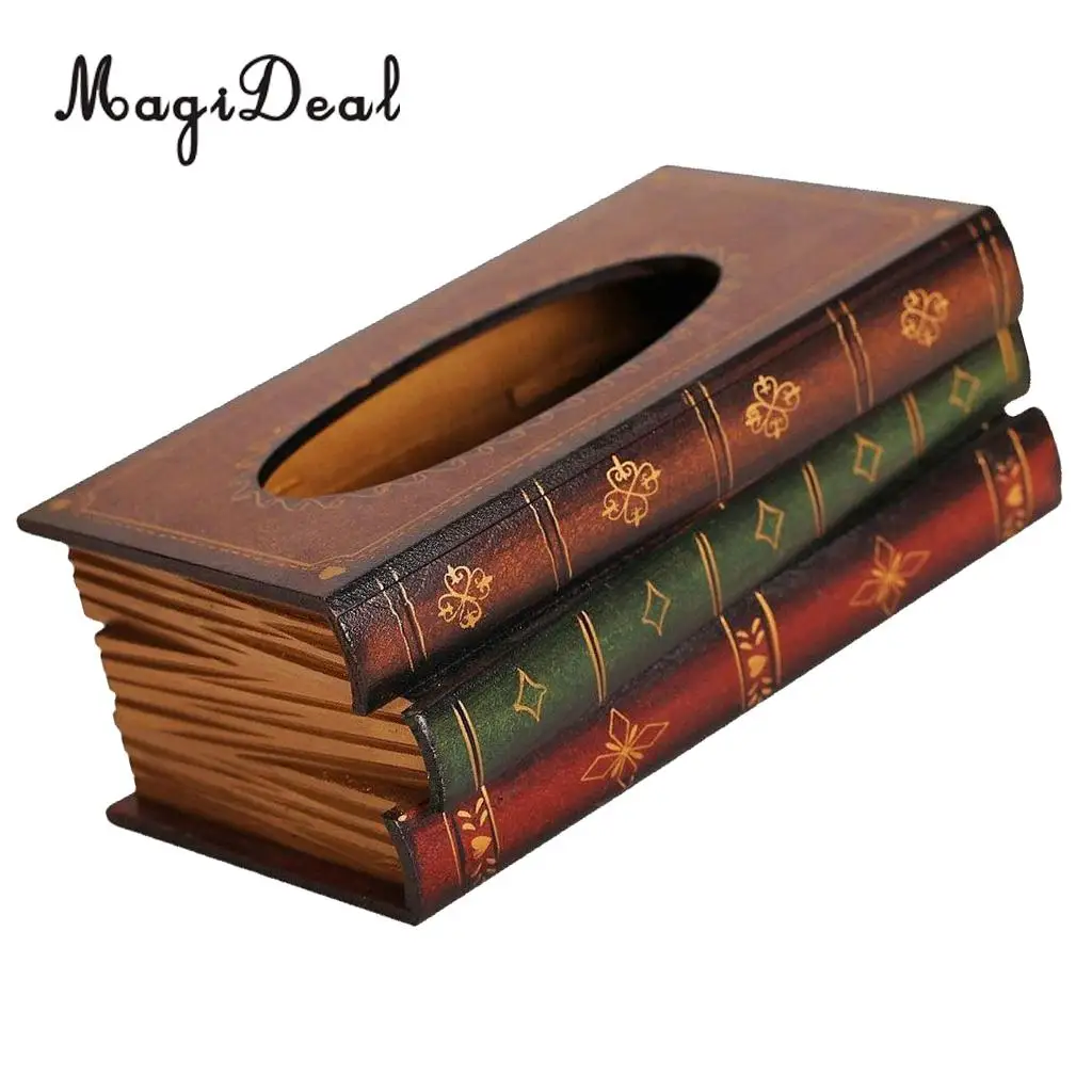 MagiDeal Retro Wood Books Tissue Box Cover Home Decor Napkin Toilet Paper Holder Case for Restaurant Office Rooms Tissue