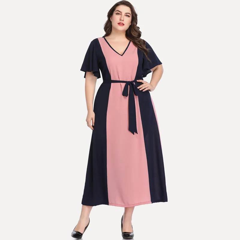 

4XL 5XL Big Size Women Summer Dress Ankle Length V Neck Flare Sleeve Pathchwork Loose Robe Femme Long Dress HY8668