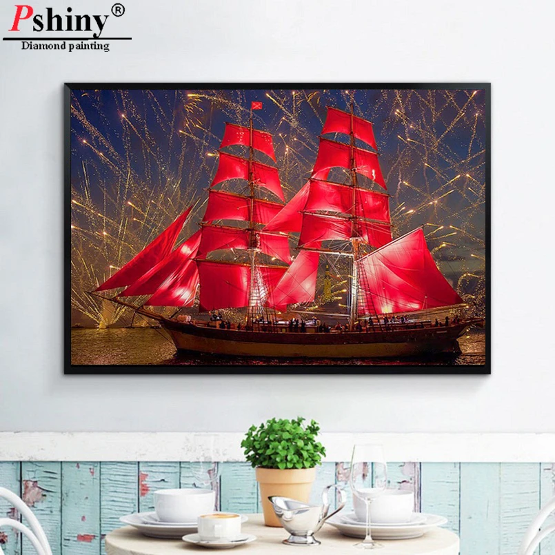 Алмазная вышивка Pshiny 5D &quotсделай сам&quot парусник алмазная полная круглая стразы