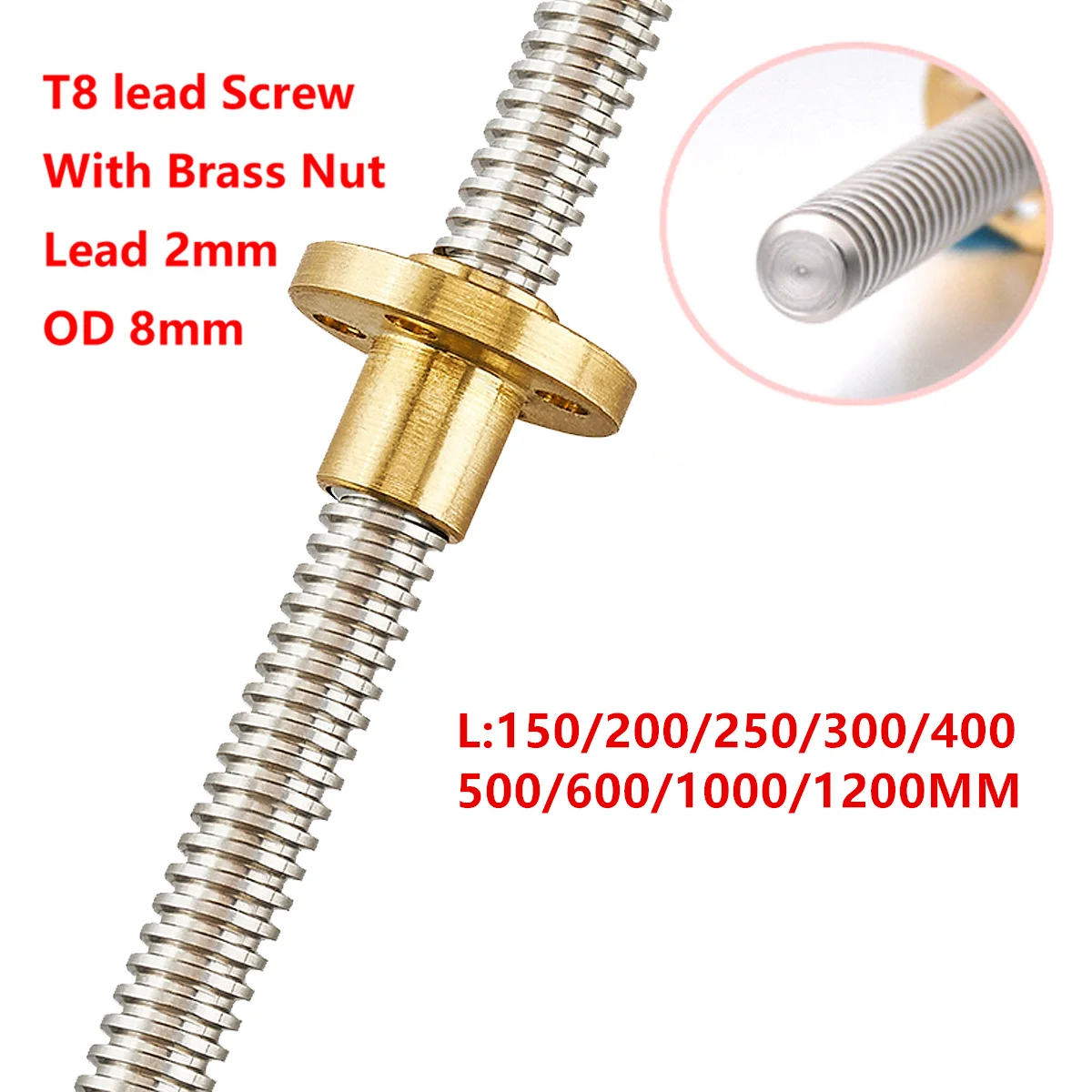 T8 Lead Screw Rod OD 8mm Pitch 2mm Lead 2mm 150 200 300 350 400 500 600 1000 1200 mm with Brass Nut For CNC 3D Printer