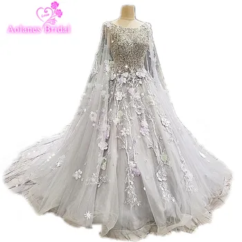 

Real Photo Gray Lace Wedding Dresses Gowns Cape Shawl Crystal Top Flower Wedding Dress Long Train Bridal Dresses Partyl Dresses