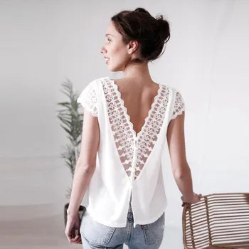 Summer Sexy Hollow Out Womens Sexy Lace Short Sleeve Shirt Top Deep V Neck Chiffon Tops Backless Blouse Haut Femme Ete 2018 Summer Sexy Hollow Out Womens Sexy Lace Short Sleeve Shirt Top Deep V Neck Chiffon Tops Backless Blouse Haut Femme Ete 2018