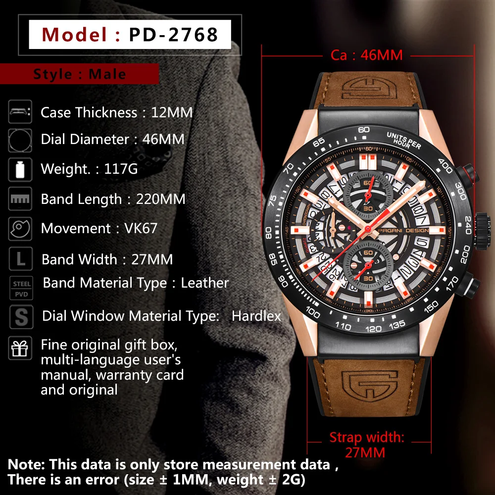 Топ бренд PAGANI Дизайн Мода Скелет Спорт хронограф часы кожаный ремешок кварцевые мужские часы Роскошные Водонепроницаемые часы
