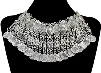 

Turkish Gyspy Ethnic Coin Fringe Choker Bib Statement Necklace Collar Necklaces Festival Vintage Silver Color Indian Jewelry