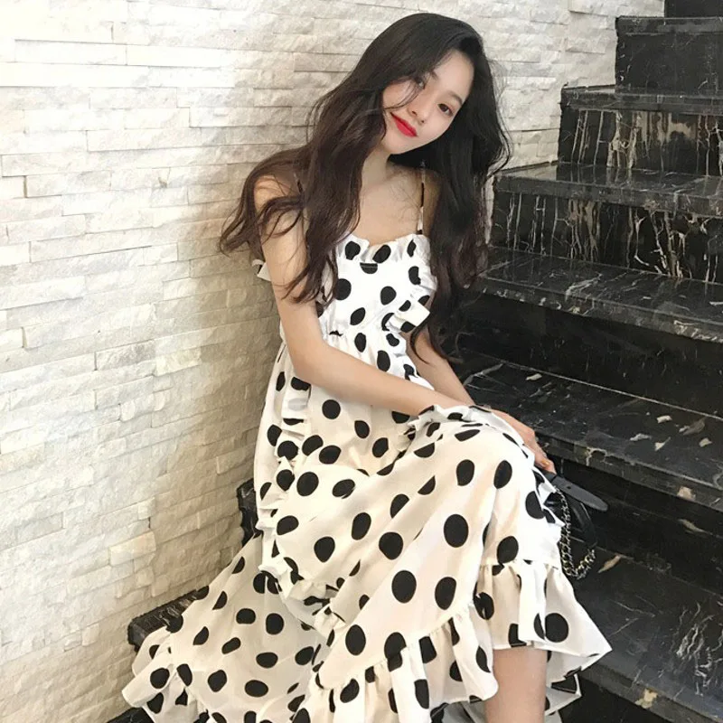 

Ruffles Polka Dot Women Chiffon Dress Elastic Waist Sleeveless Female Long Vestidos Retro A-line Women Dress 2019