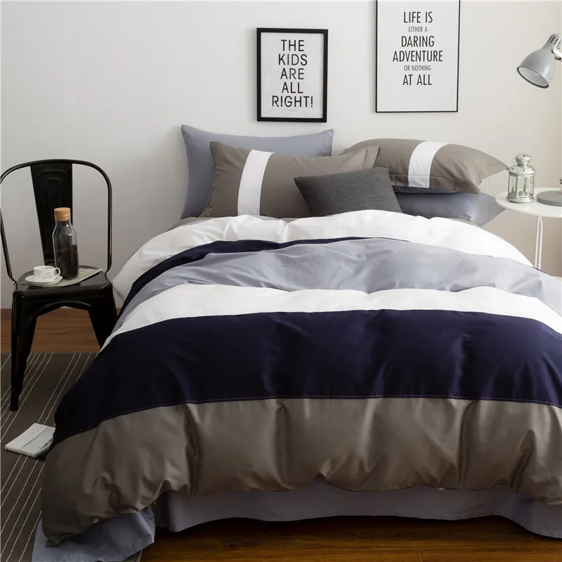 Simple Low Key White And Blue Gray Wide Stripe 100 Cotton Bedding Set