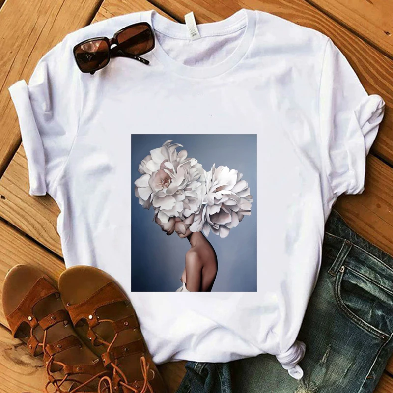 

White Flower Girl Vogue T-Shirt 100% Cotton Feather Beauty T-shirt Women Summer Super Soft Casual Lady Tops Aesthetic Art Tees
