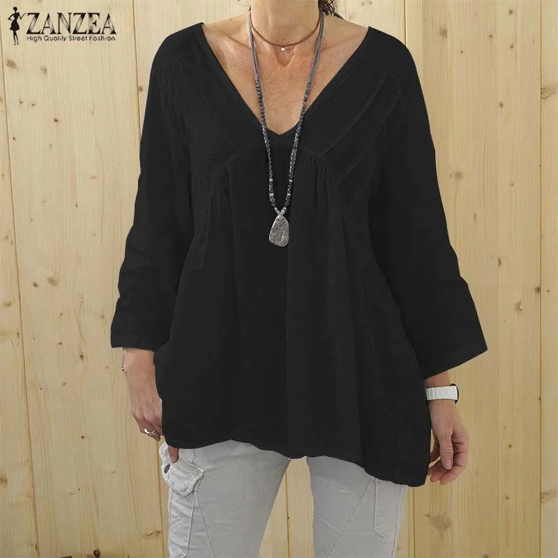 

ZANZEA Autumn Shirt Elegant Women V Neck 3/4 Sleeve Solid Tunic Tops Robe Femme Casual Work Blusas Femininas Cotton Linen Blouse