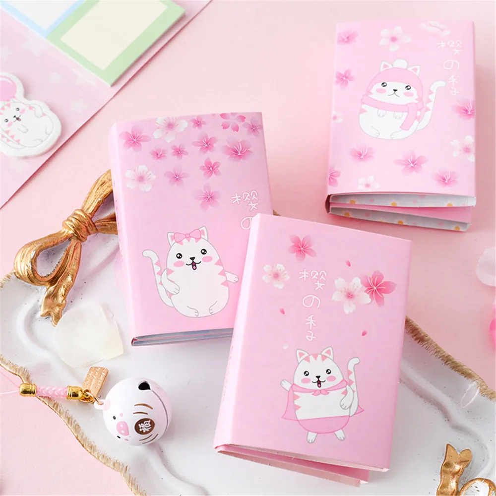 Cartoon Cute Cat In The Sakura Sticky Notes Multi Folding Writing Pads Label Kawaii Stationery School Office Supplies Kids Gifts