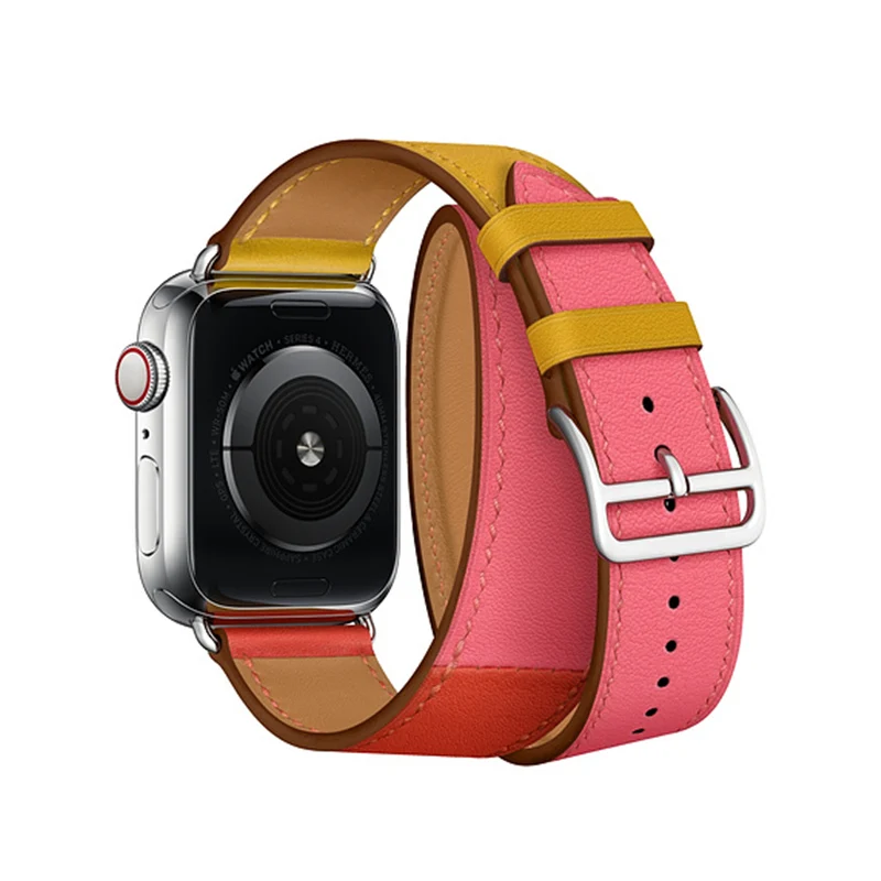 Новые цвета двойной тур кожаный ремешок для Apple Watch 44 мм 40 Часы Браслет замена