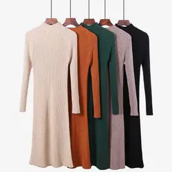 Вязаное тонкое плотное теплое длинное женское платье-свитер однотонное платье-водолазка с длинными рукавами платья в рубчик 2019