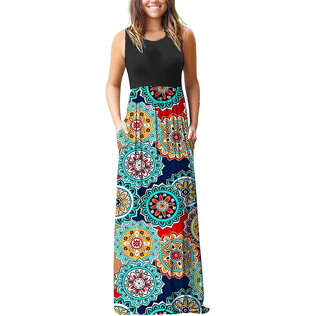 

Womail summer dress women dress elegant sleeveless long 2019 Sleeveless Floral Print Pockets Loose vestidos de verano mujeres