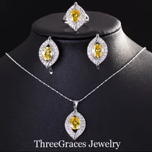 Moda 925 Joyas de Plata de ley Cubic Zirconia Cristal Pavé Piedras Amarillas Collar Pendientes Y Anillos Establece Para Las Mujeres JS112