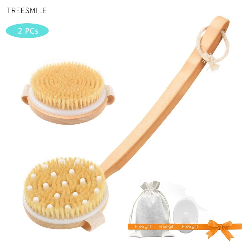 TREESMILE Exfoliating Body Massage Brush, Natural Bristle Brush Long