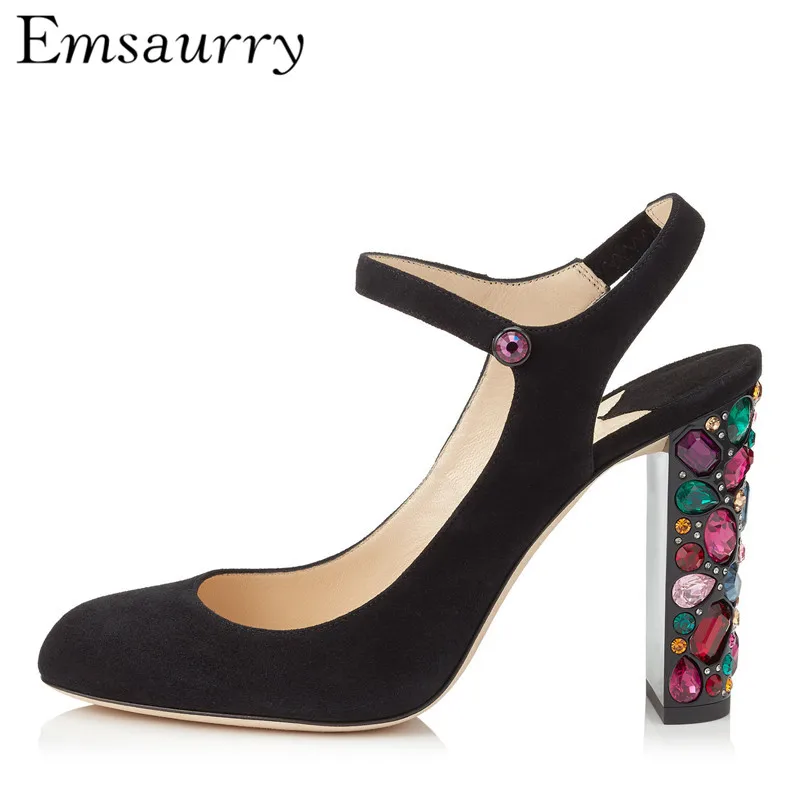 

Colorful Diamond High Heel Shoes Woman Slingback Ankle Strap Round Toe Shallow Black Suede Rhinestone Women Pumps