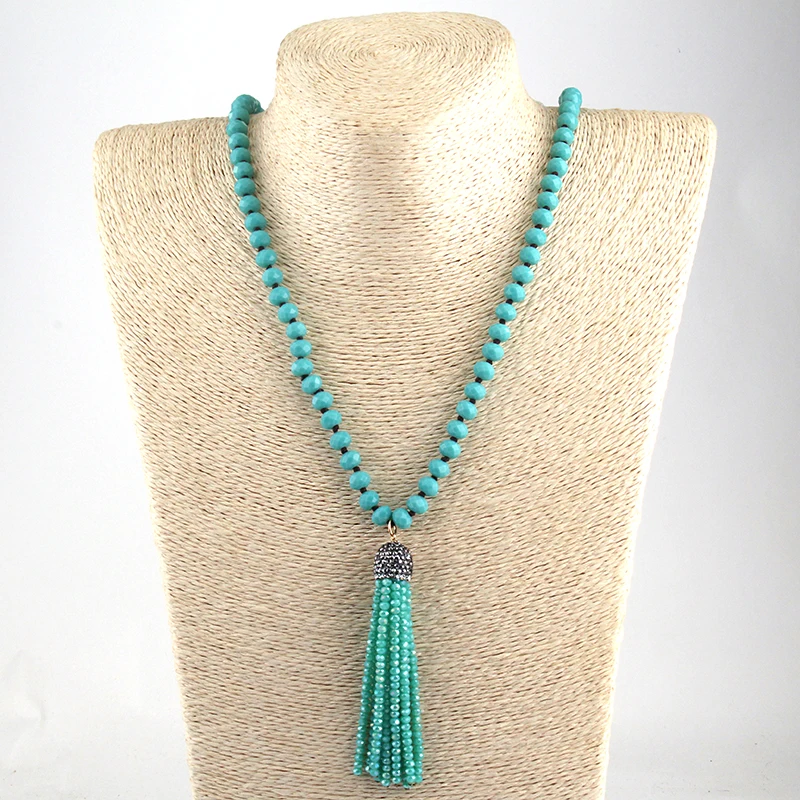 

Free Shipping Fashion Artisan Halsband Blue Glass Knotted Crystal Tassel Pave Pendant Women Necklaces