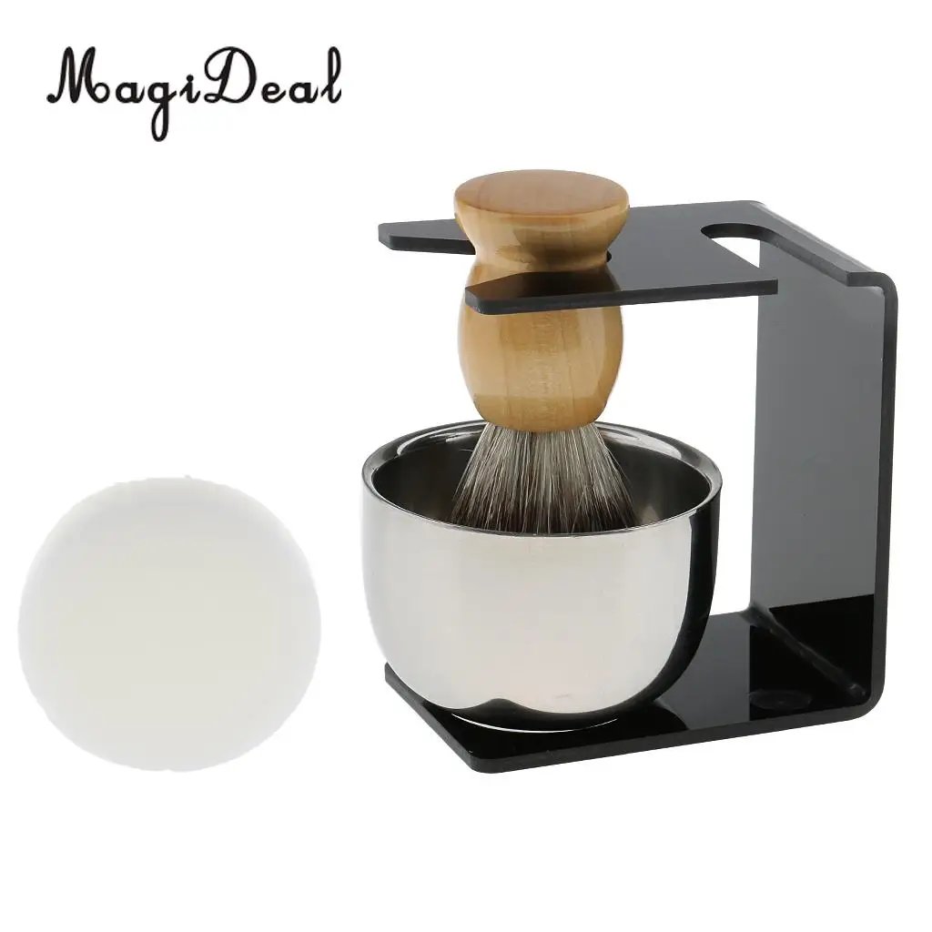Magideal 4 in 1 Salon Bristle Hair Shaving Brush Mug Bowl Shave Stand Soap Facial Cleaning Brush Travel Set beard brush
