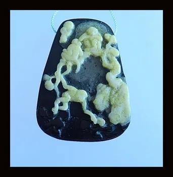 

semiprecious stone carving pendant.Carved Serpentine Obsidian Intarsia Pendant Bead,50x36x7mm,20.4g