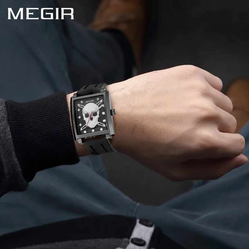 Мужские часы Megir спортивные черные с черепом наручные 2017|saat men|saat sportsaat watch |