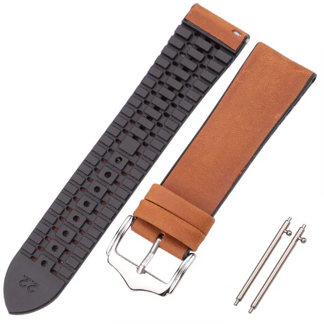 HENGRC Cowhide And Silicone Watch Strap Bracelet 18 20 22mm Men Women Waterproof Breathable Watchbands Watches Clock Accessories Dark Brown
